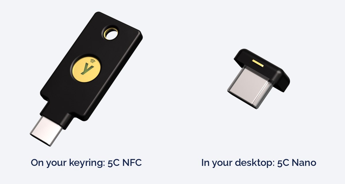 YubiKey 5C NFC for a keyring next to a YubiKey 5C Nano that stays in a computer